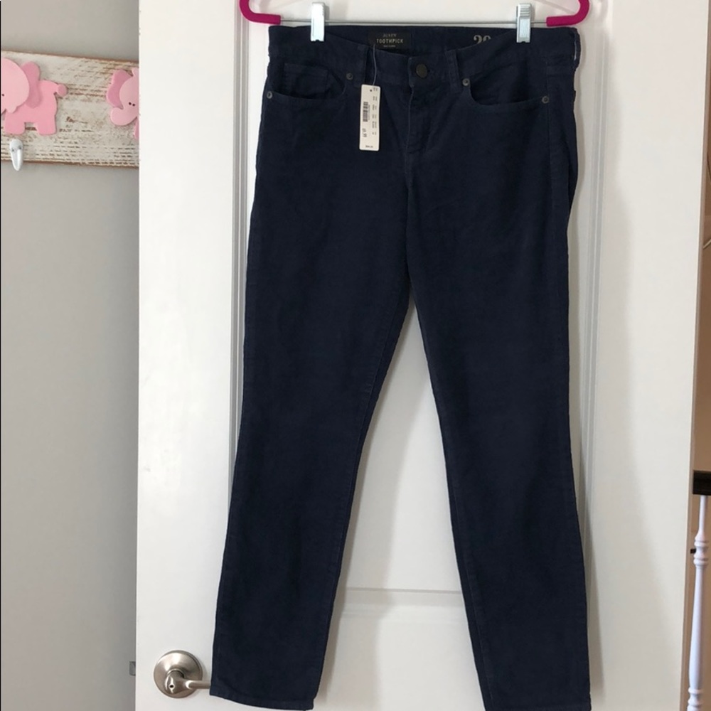 J. Crew ankle length navy corduroy pants.